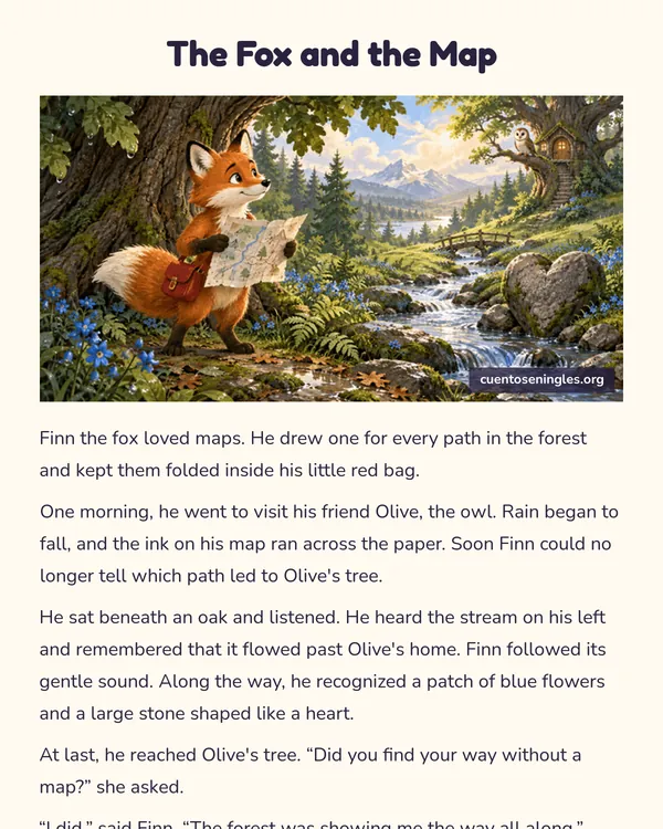 Vista previa del PDF de The Fox and the Map, cuento corto en inglés con ilustración