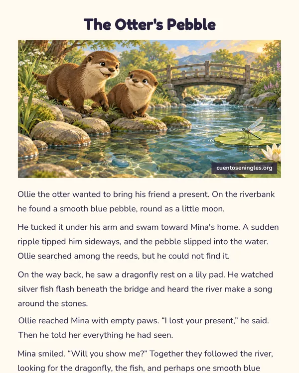 Vista previa del PDF de The Otter's Pebble, cuento corto en inglés con ilustración