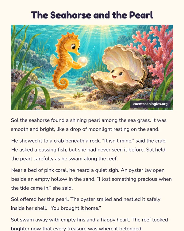 Vista previa del PDF de The Seahorse and the Pearl, cuento corto en inglés con ilustración