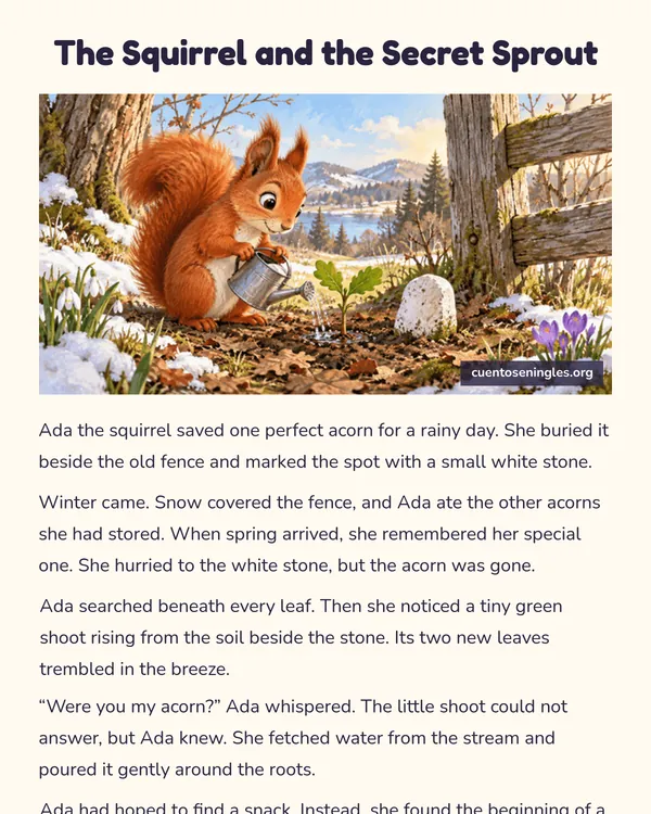 Vista previa del PDF de The Squirrel and the Secret Sprout, cuento corto en inglés con ilustración