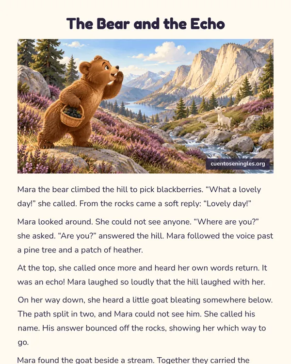 Vista previa del PDF de The Bear and the Echo, cuento corto en inglés con ilustración