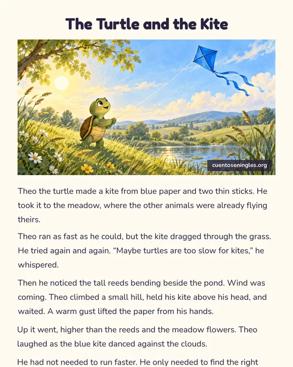 Vista previa del PDF de The Turtle and the Kite, cuento corto en inglés con ilustración