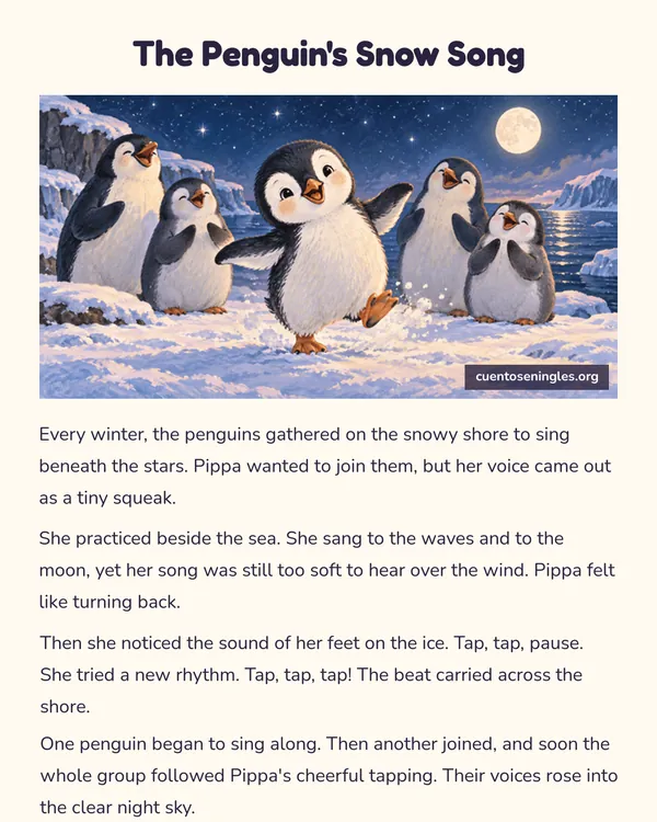 Vista previa del PDF de The Penguin's Snow Song, cuento corto en inglés con ilustración