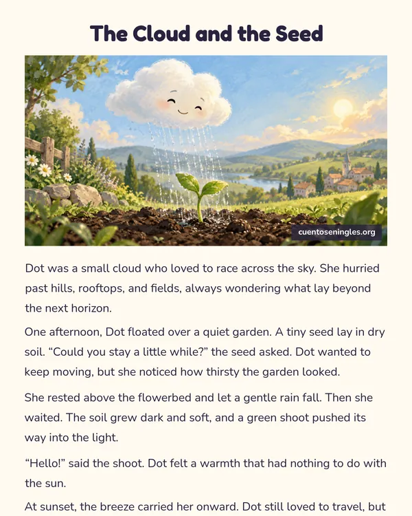 Vista previa del PDF de The Cloud and the Seed, cuento corto en inglés con ilustración