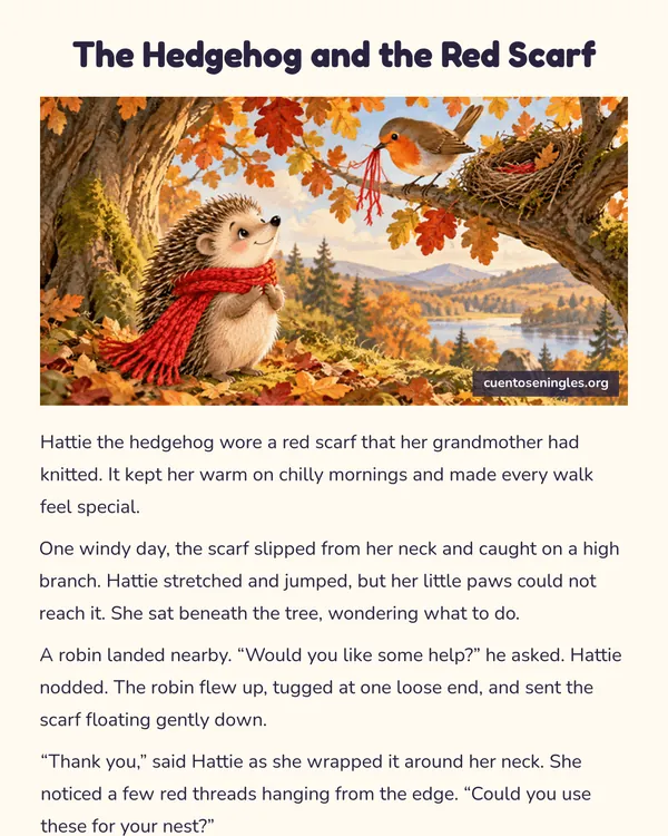 Vista previa del PDF de The Hedgehog and the Red Scarf, cuento corto en inglés con ilustración