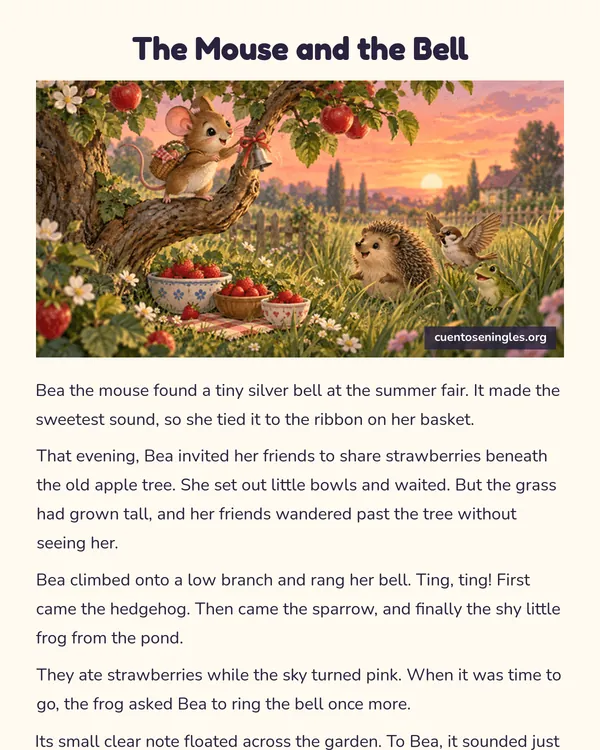 Vista previa del PDF de The Mouse and the Bell, cuento corto en inglés con ilustración
