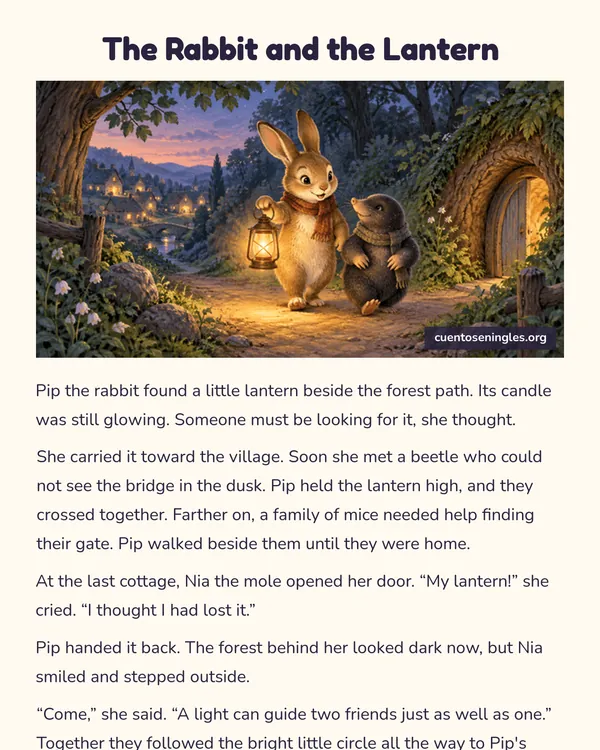 Vista previa del PDF de The Rabbit and the Lantern, cuento corto en inglés con ilustración
